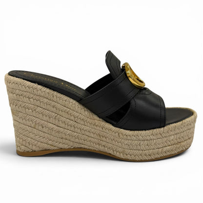 Dior Montaigne CD Buckle Wedge Sole Leather Sandals Black — view 7