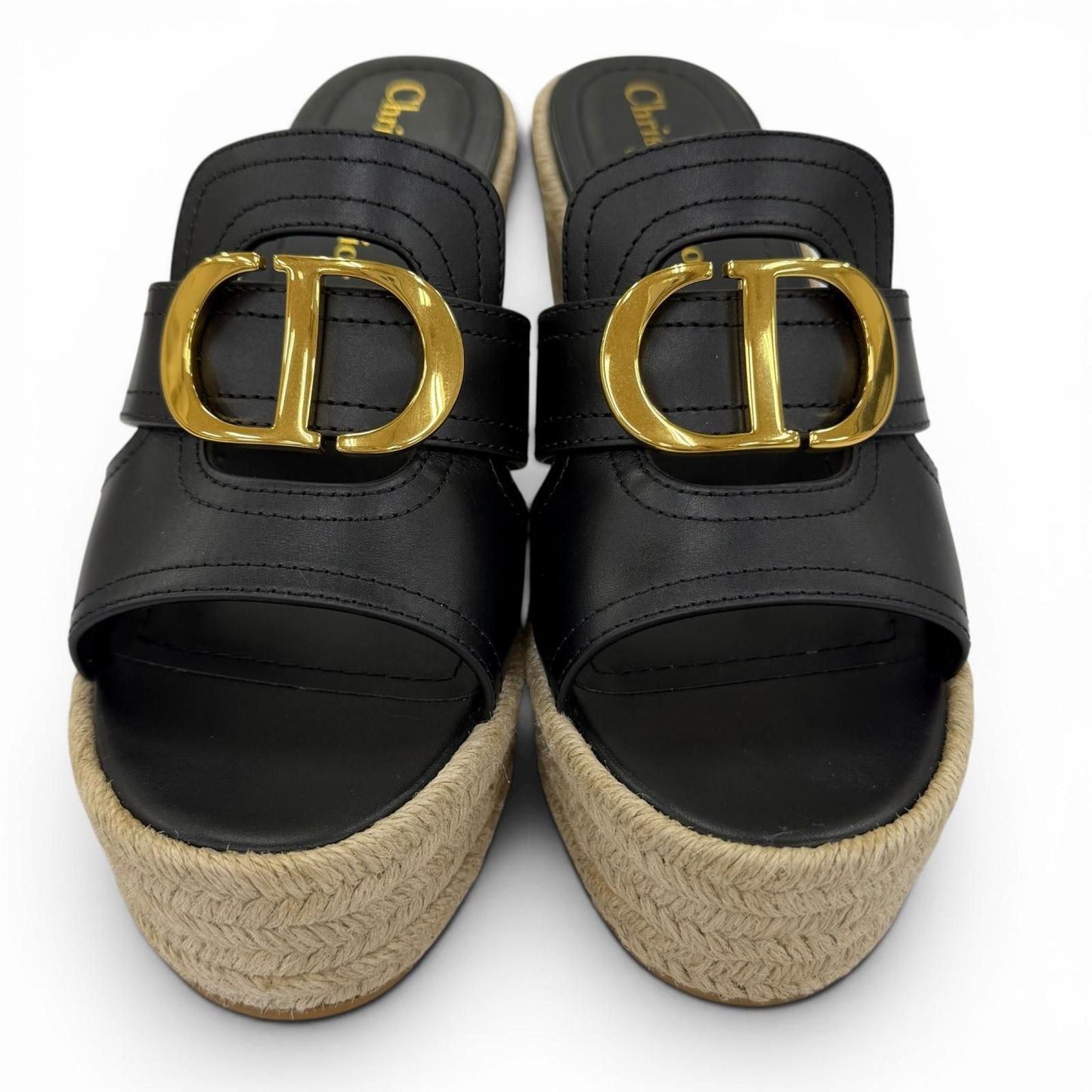 Dior Montaigne CD Buckle Wedge Sole Leather Sandals Black — view 4