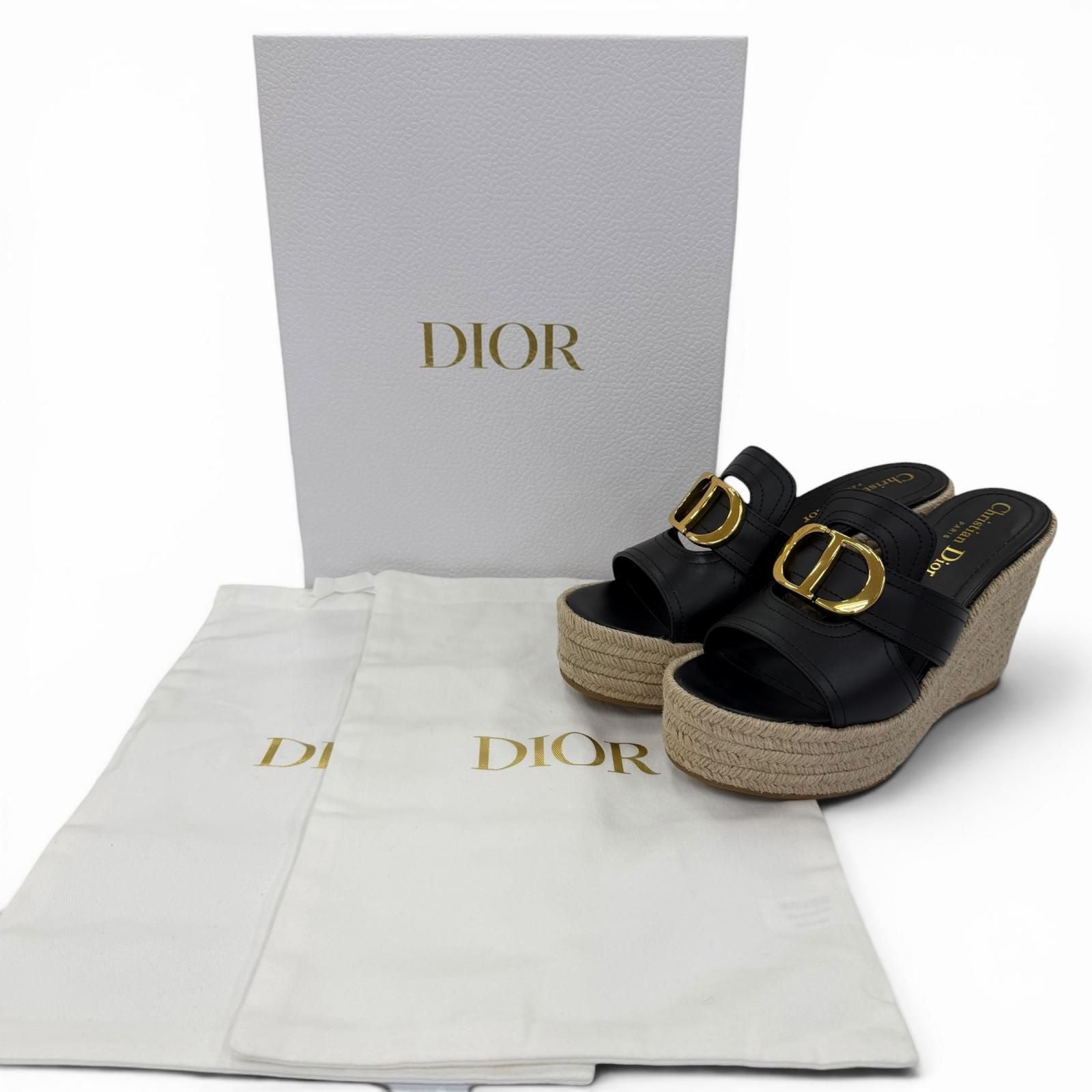 Dior Montaigne CD Buckle Wedge Sole Leather Sandals Black — view 2