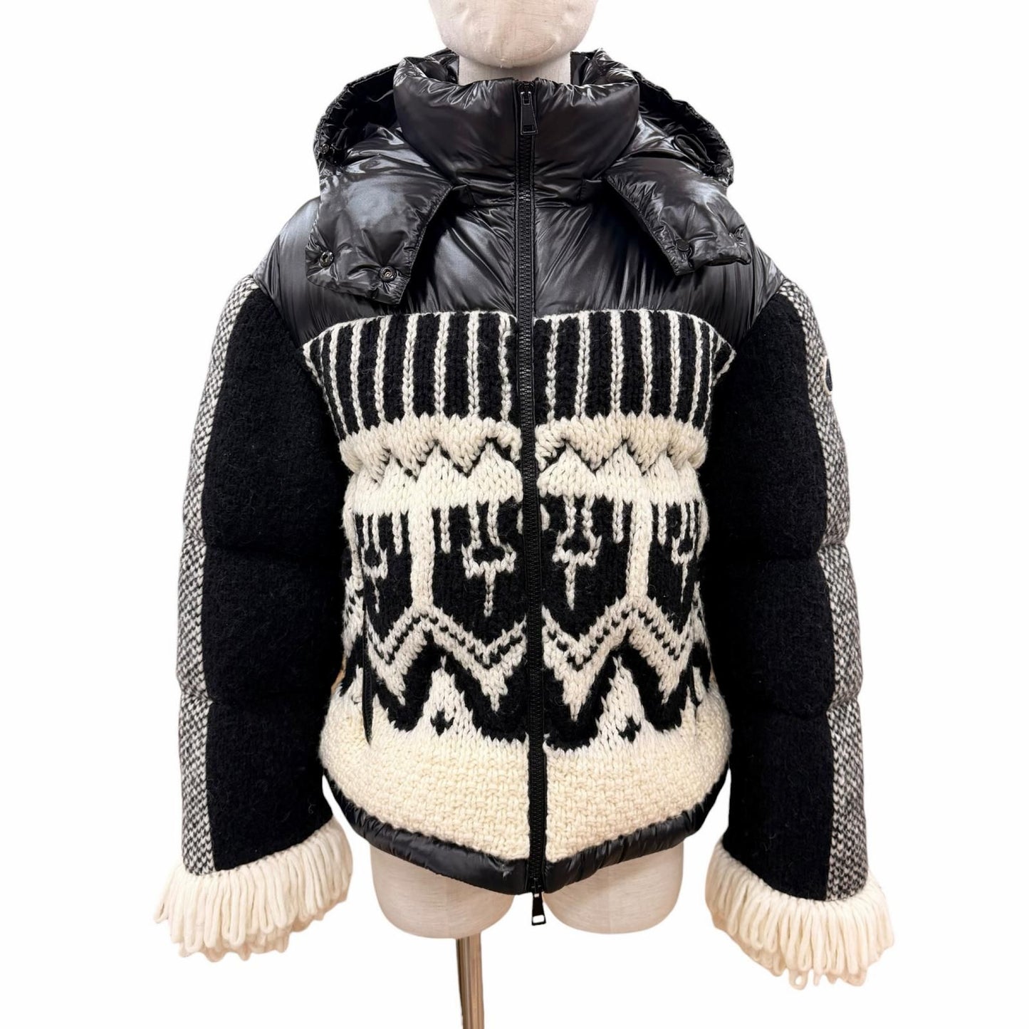 Moncler Hyoseris Alpaca Blend Logo Patch Sleeve Fringe Knit Down Jacket Black 0