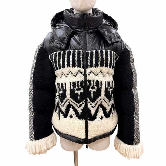 Moncler Hyoseris Alpaca Blend Logo Patch Sleeve Fringe Knit Down Jacket Black 0