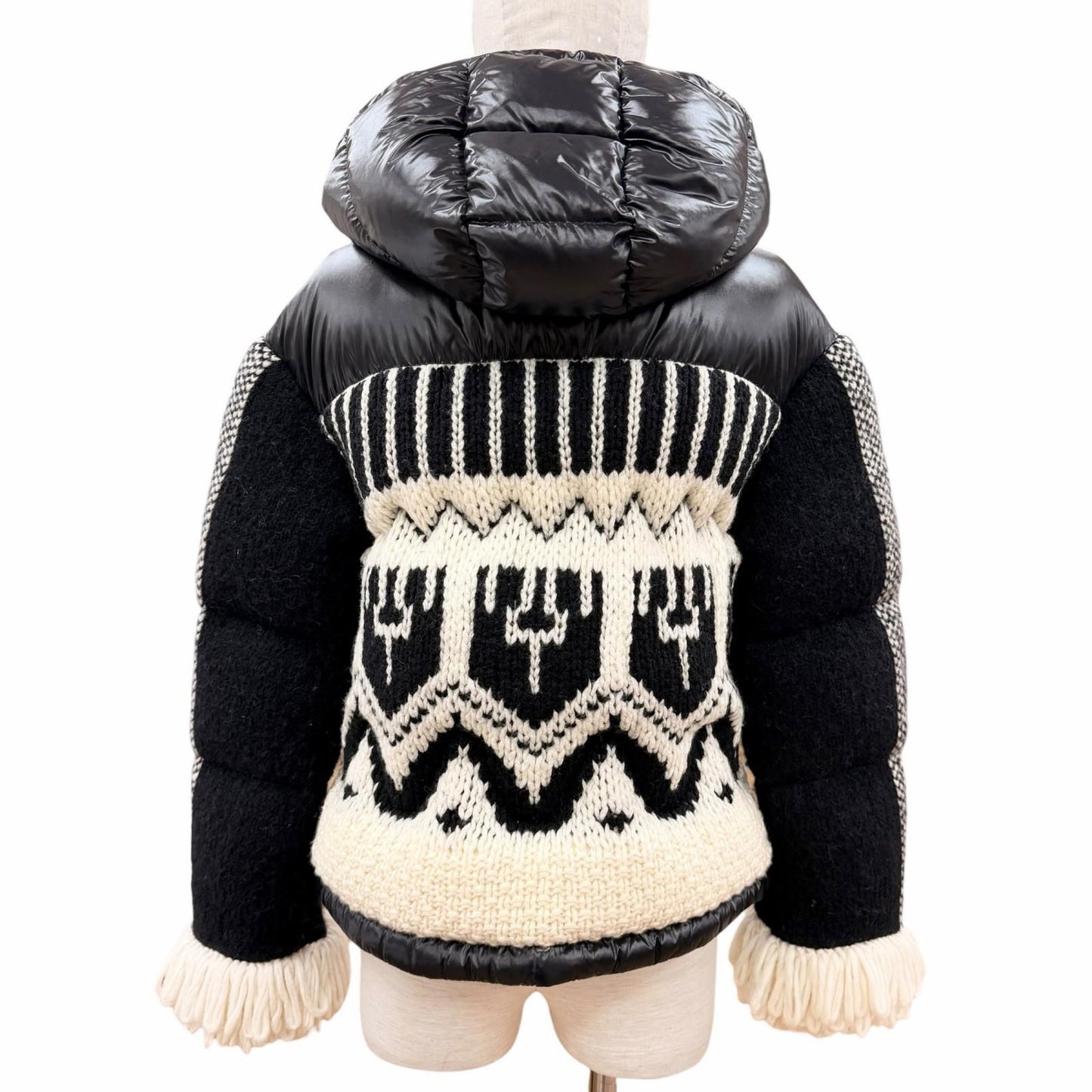 Moncler Hyoseris Alpaca Blend Logo Patch Sleeve Fringe Knit Down Jacket Black 0 — view 3