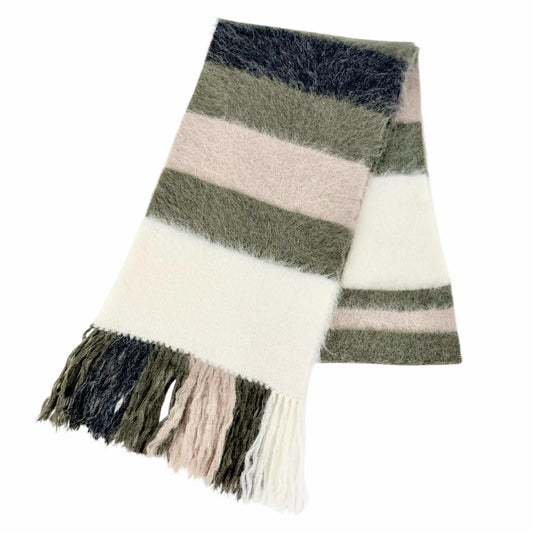 Brunello Cucinelli Mohair Alpaca Multi Border Pattern Fringe Long Scarf White
