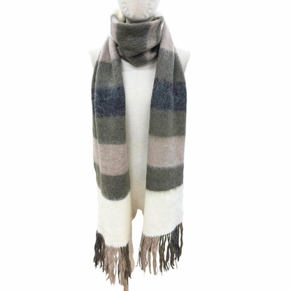 Brunello Cucinelli Mohair Alpaca Multi Border Pattern Fringe Long Scarf White — view 3