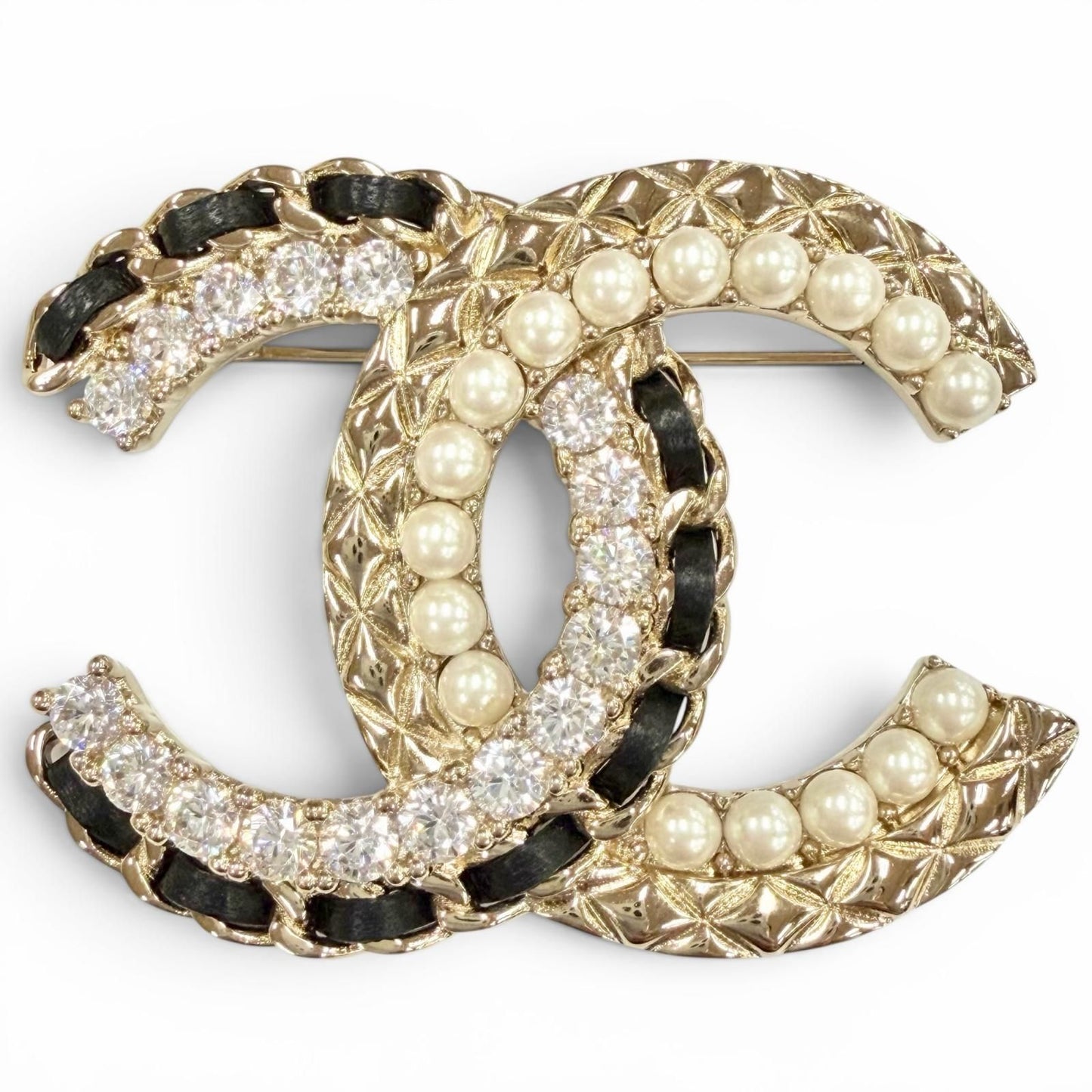 Chanel CC Logo Leather Rhinestone Faux Pearl Brooch Gold Black Large Recommended