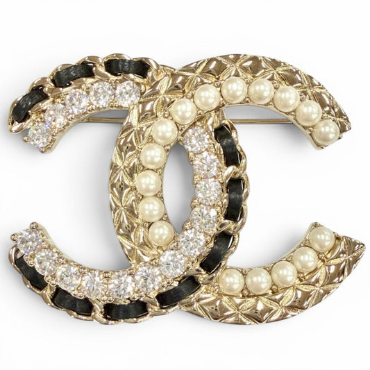 Chanel CC Logo Leather Rhinestone Faux Pearl Brooch Gold Black Large Recommended