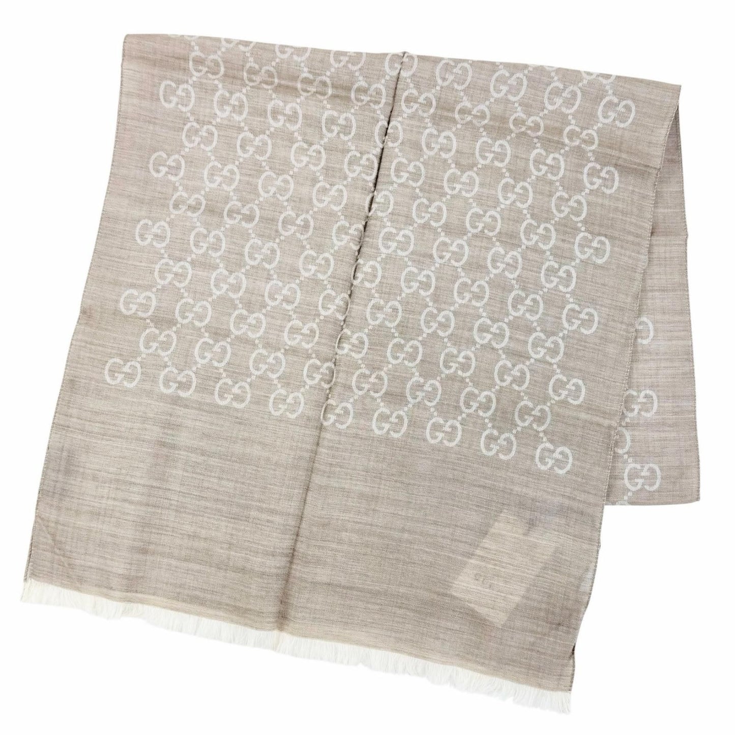 Gucci Wool Silk GG Jacquard Mini Fringe Shawl Beige 180 45 Recommended Scarf
