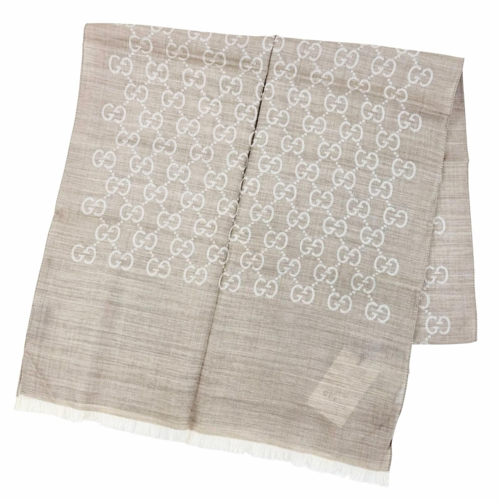 Gucci Wool Silk GG Jacquard Mini Fringe Shawl Beige 180 45 Recommended Scarf