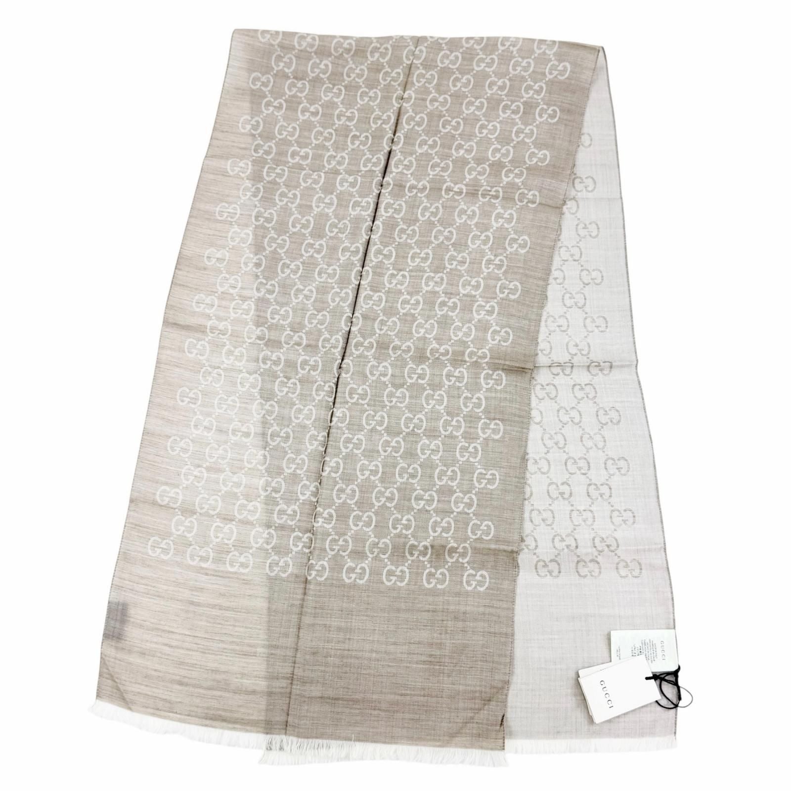 Gucci Wool Silk GG Jacquard Mini Fringe Shawl Beige 180 45 Recommended Scarf — view 2