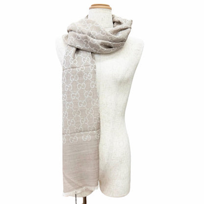 Gucci Wool Silk GG Jacquard Mini Fringe Shawl Beige 180 45 Recommended Scarf — view 5