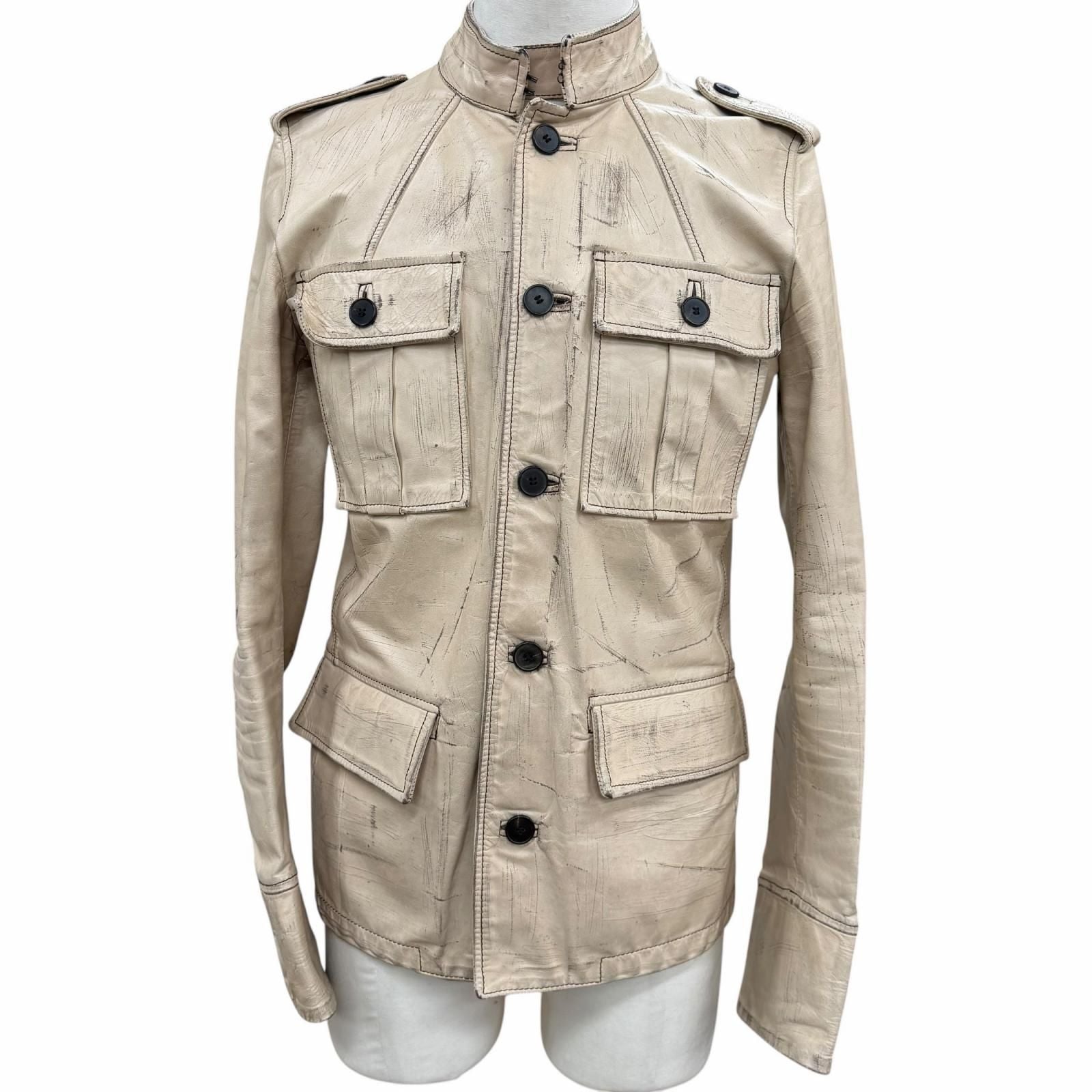 Saint Laurent Yves Cowhide Era Vintage Processed Leather Jacket Beige 46