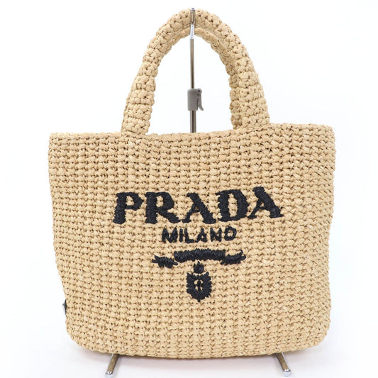 Prada Small Crochet Tote Raffia Handbag Natural
