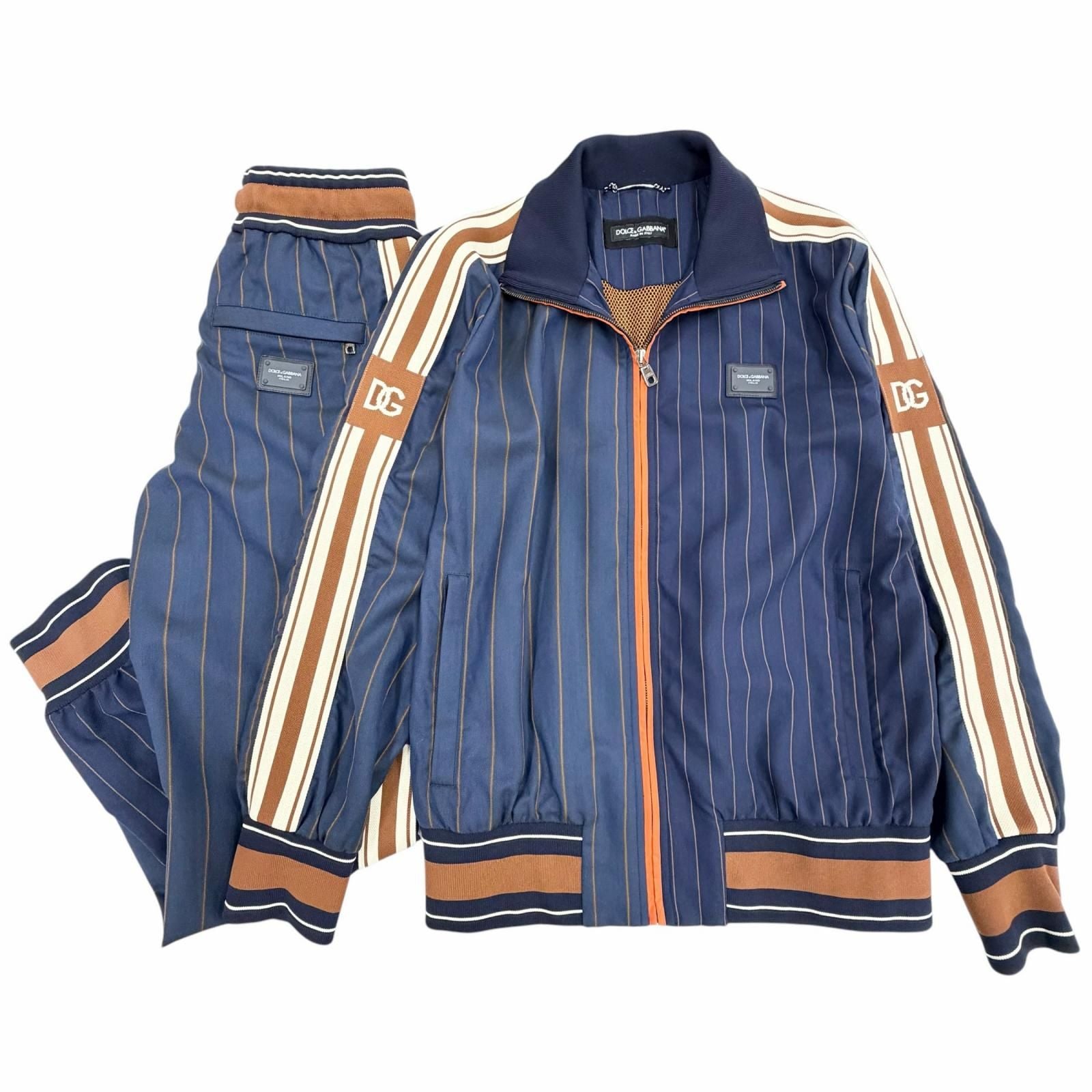 Dolce & Gabbana Black Tag Striped Pattern Leather with Patch Jacket Pants Set