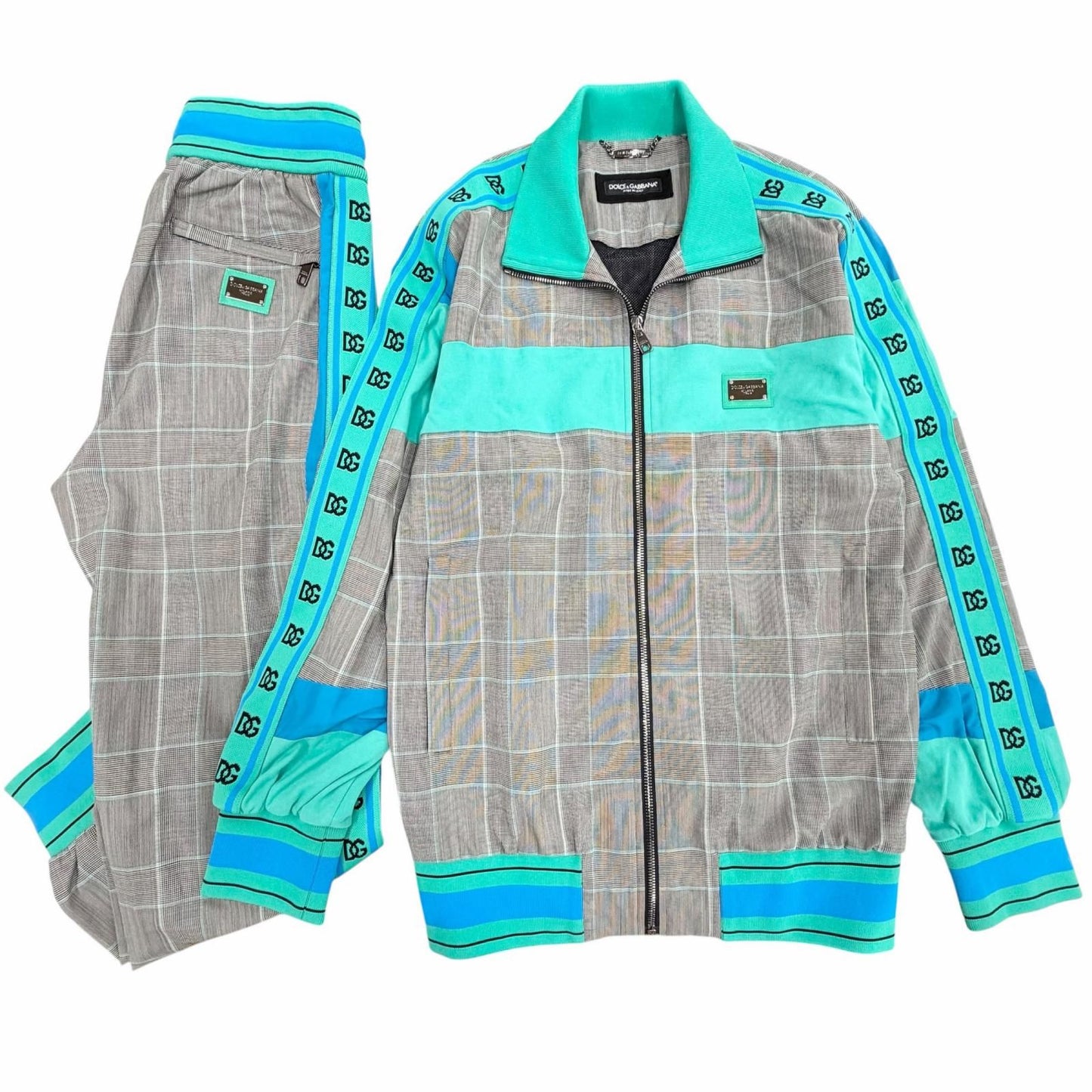 Dolce & Gabbana Black Tag Plaid Leather Patch Jacket Pants Set Gray Blue 46