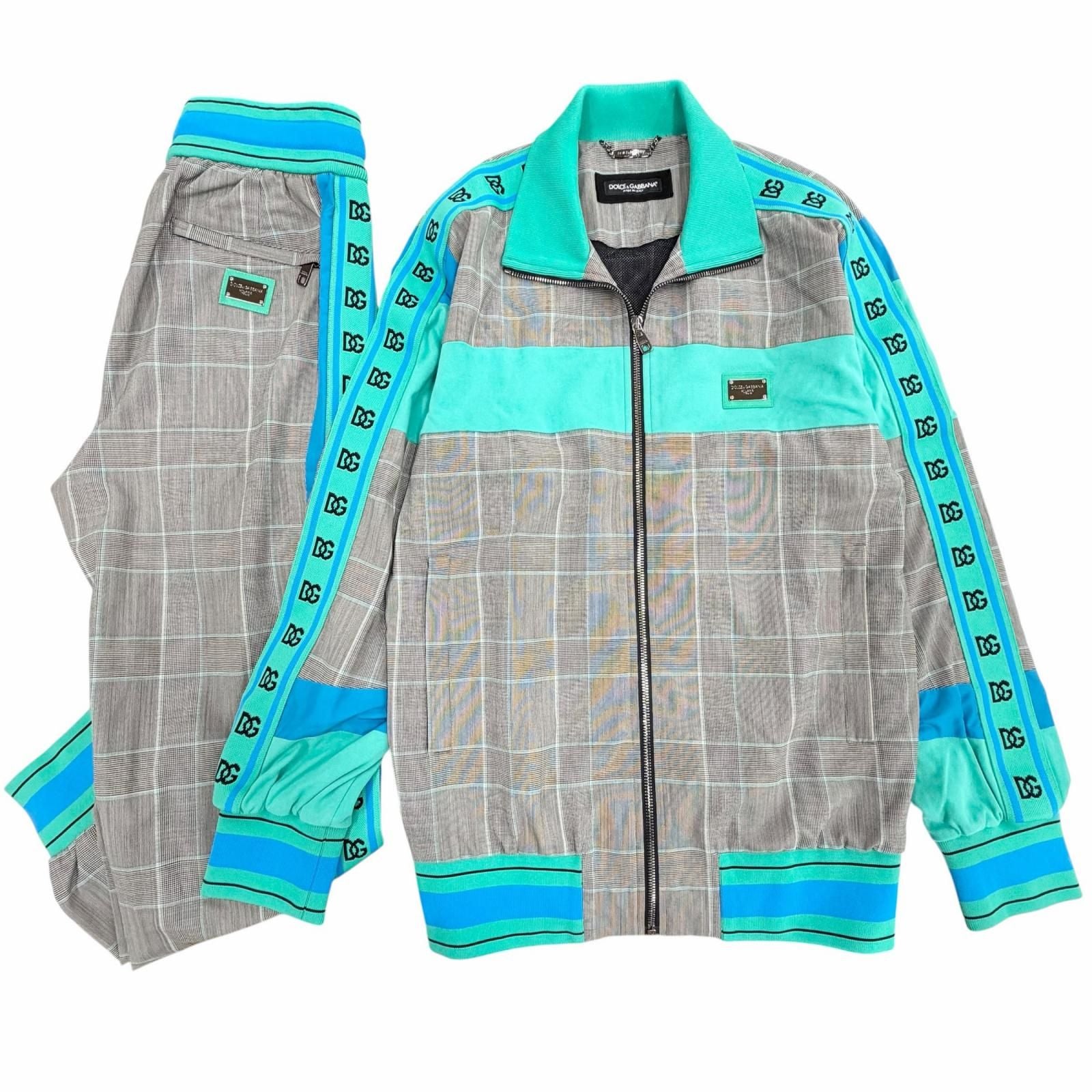 Dolce & Gabbana Black Tag Plaid Leather Patch Jacket Pants Set Gray Blue 46