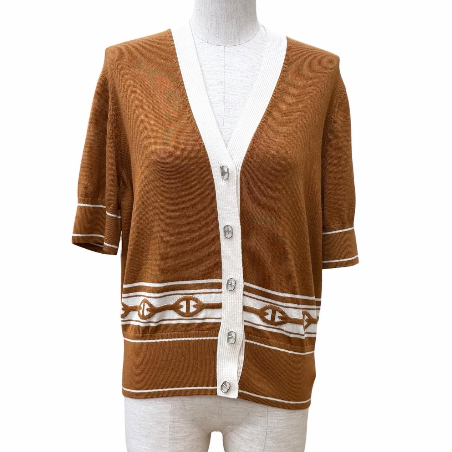 Hermes Knit Cardigan Chene D'ancre Cashmere Silk Blend Silver Neck Short Sleeve