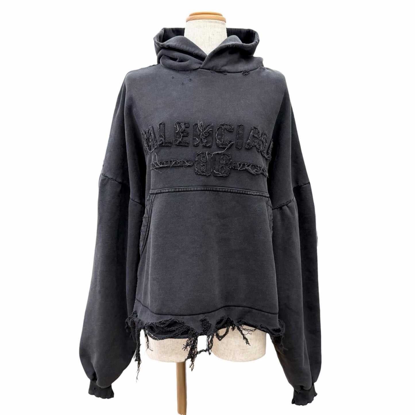 Balenciaga Cotton 100% Distressed Cropped Hoodie Pullover Black 1 with Hanger