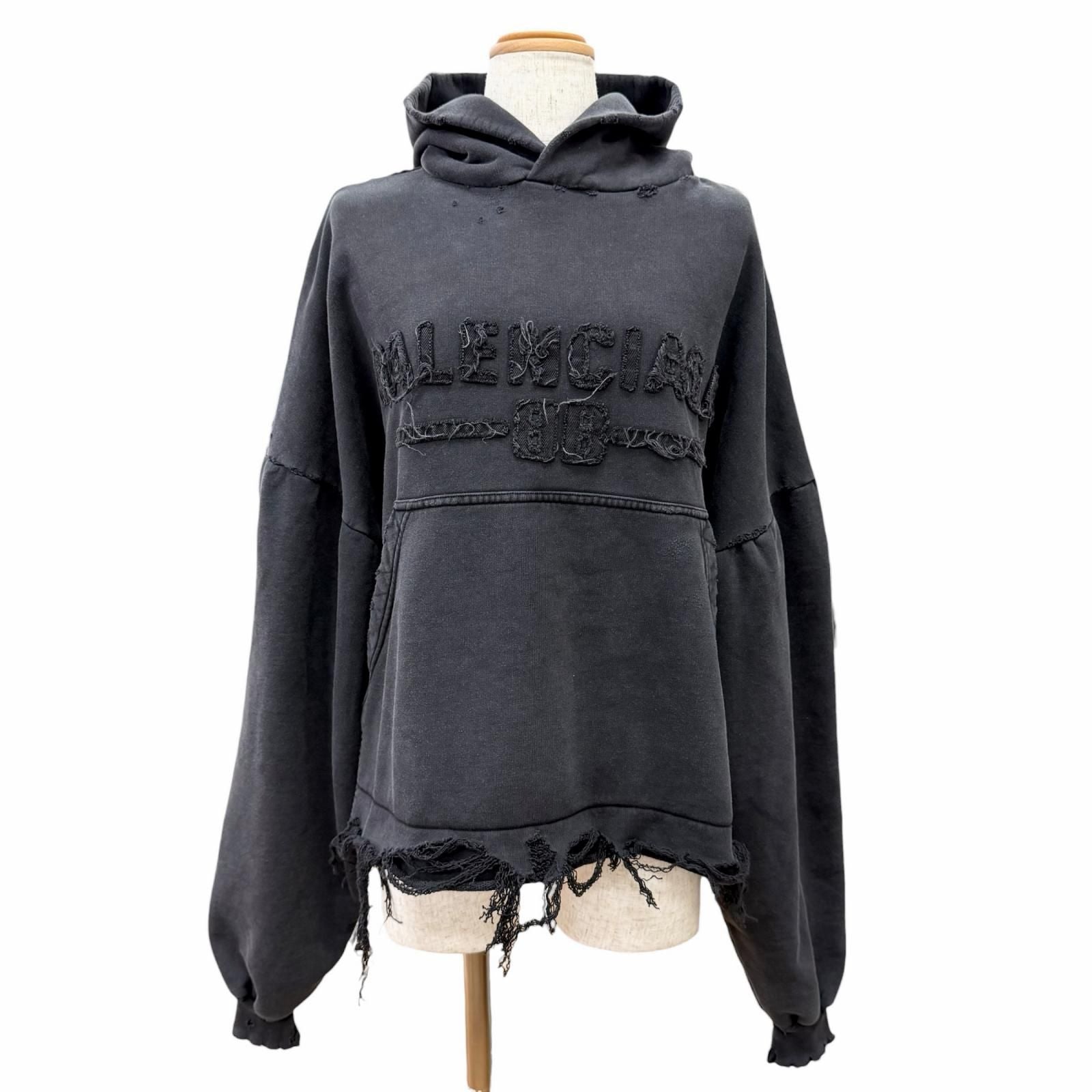 Balenciaga Cotton 100% Distressed Cropped Hoodie Pullover Black 1 with Hanger