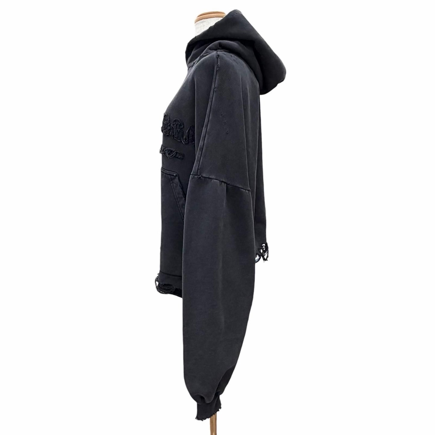 Balenciaga Cotton 100% Distressed Cropped Hoodie Pullover Black 1 with Hanger — view 2