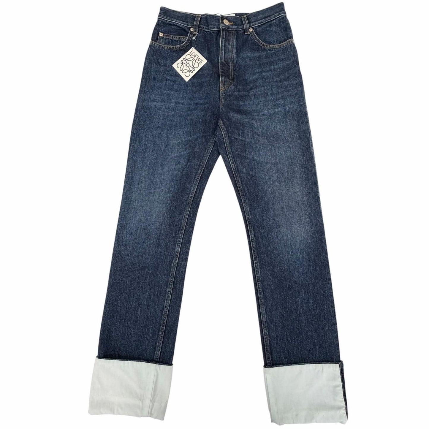 Loewe Fisherman Leather Logo Patch Turn Up Jeans Denim Pants Indigo 44