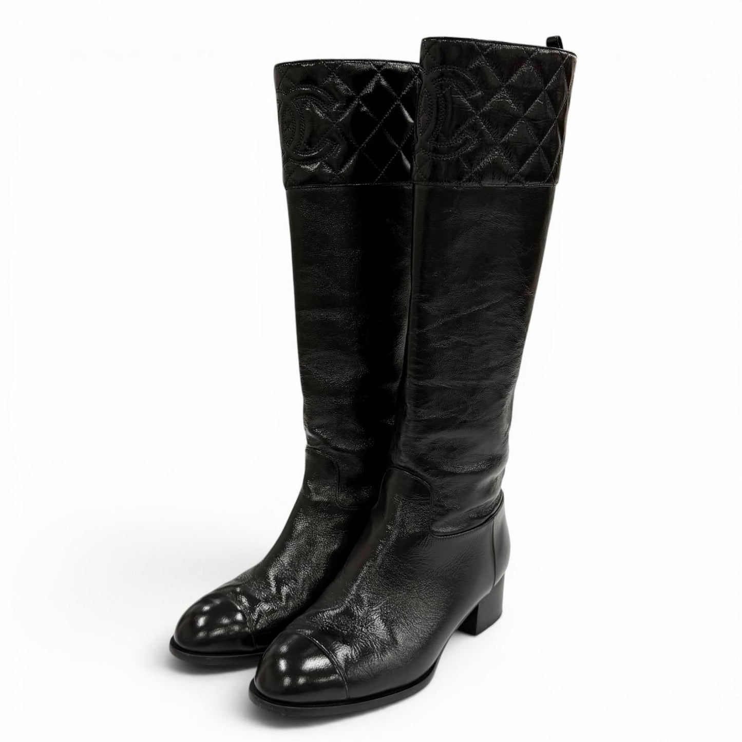 Chanel CC Logo Quilted Chanki Heels Leather Long Boots Black