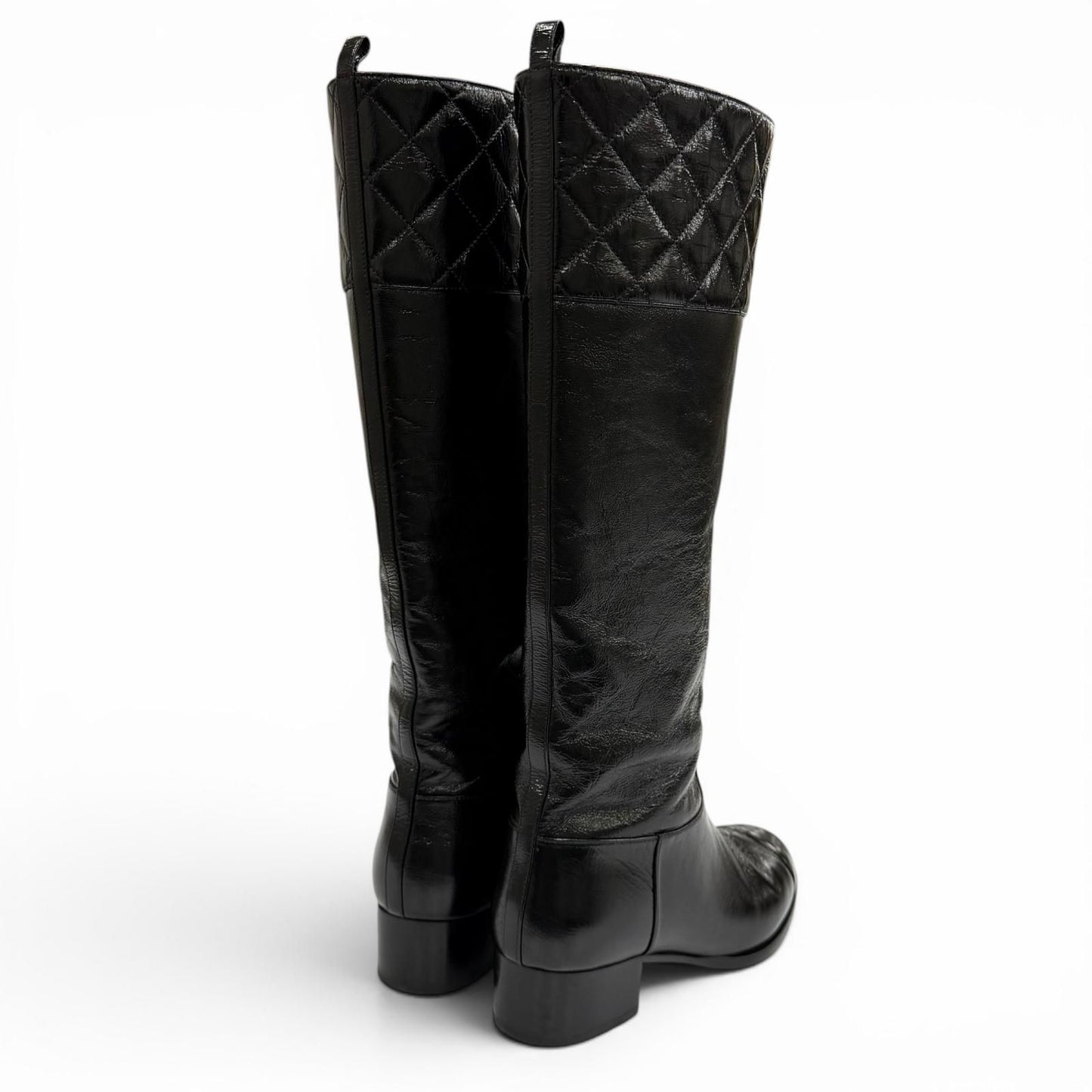 Chanel CC Logo Quilted Chanki Heels Leather Long Boots Black — view 3
