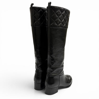Chanel CC Logo Quilted Chanki Heels Leather Long Boots Black — view 3