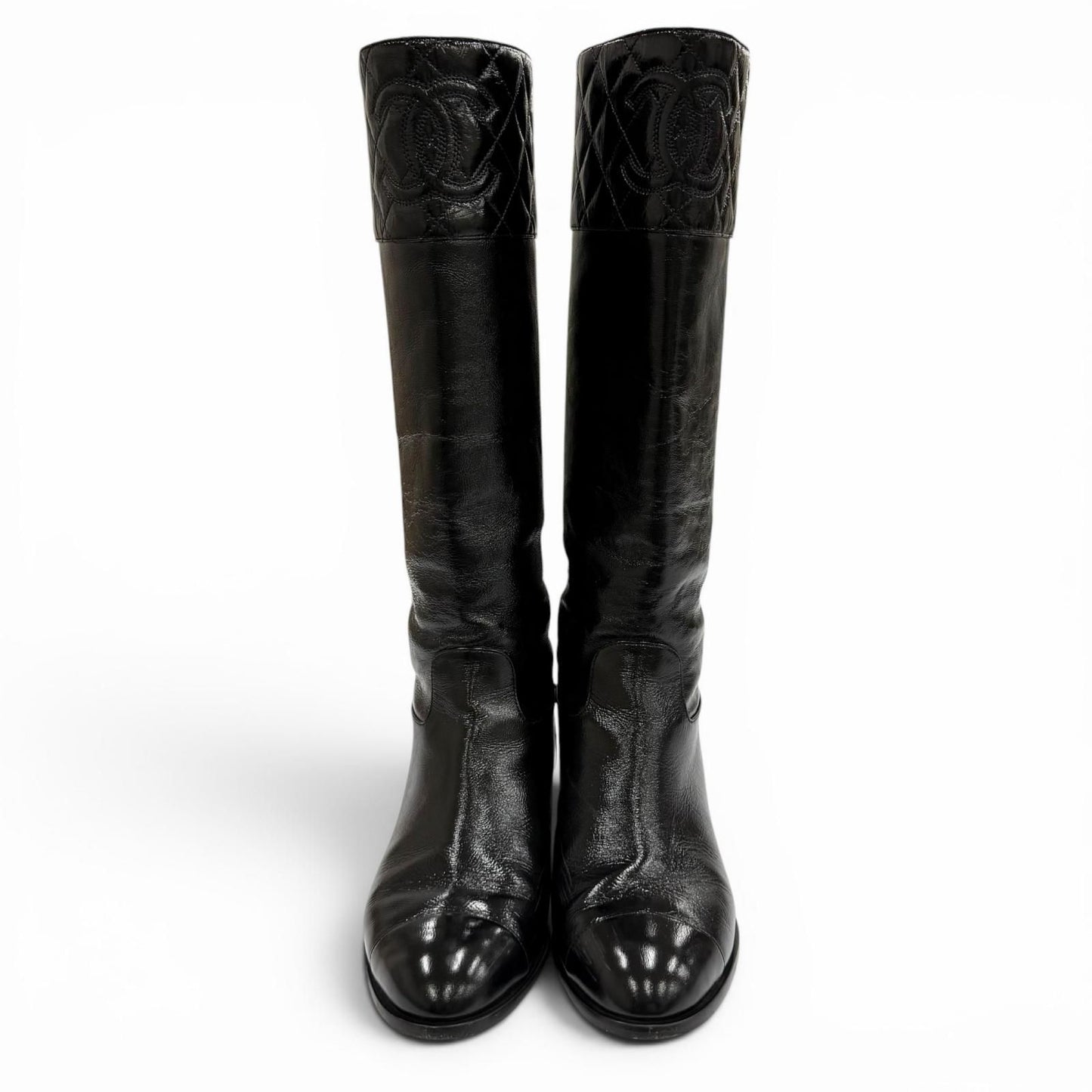 Chanel CC Logo Quilted Chanki Heels Leather Long Boots Black — view 4