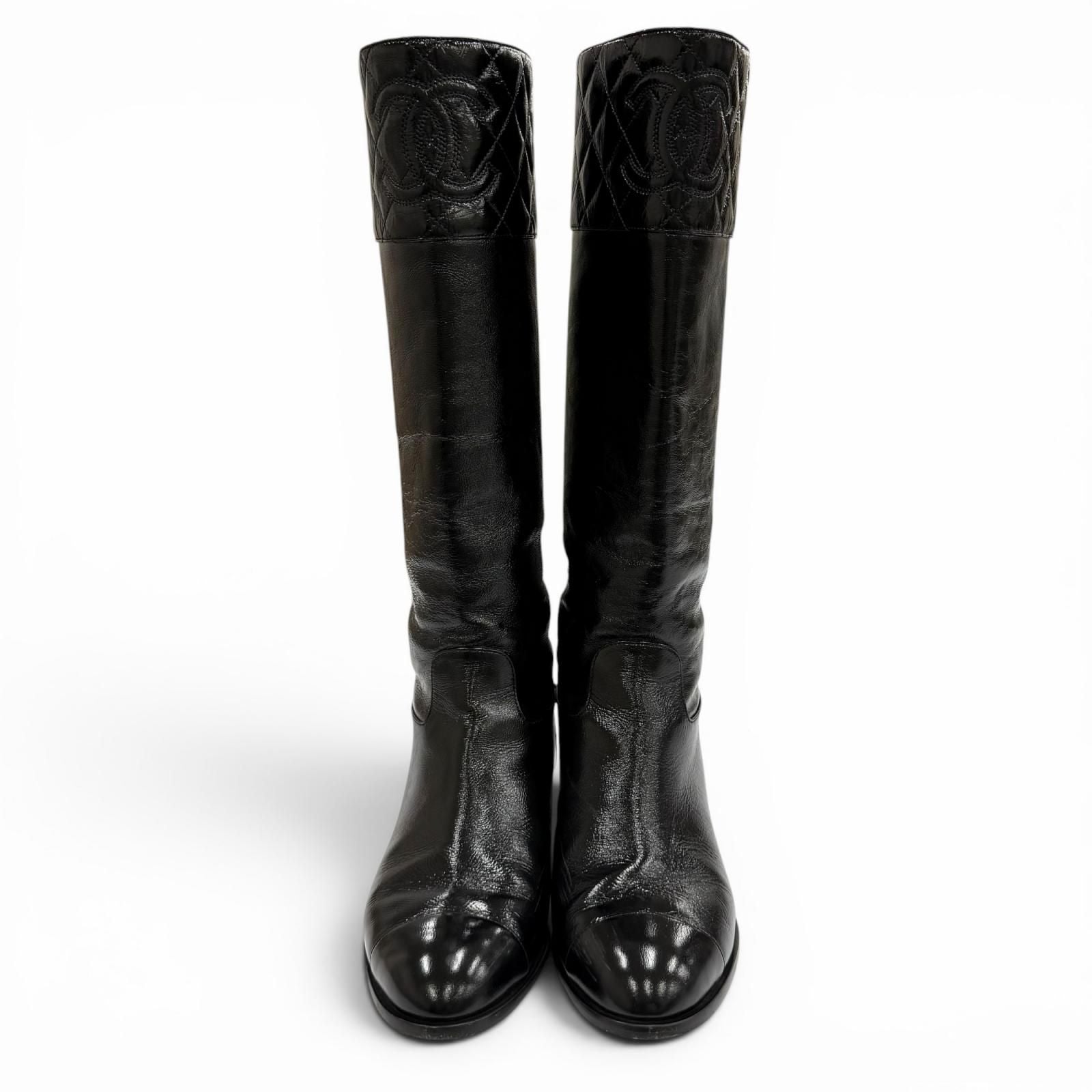 Chanel CC Logo Quilted Chanki Heels Leather Long Boots Black — view 4