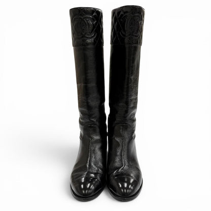 Chanel CC Logo Quilted Chanki Heels Leather Long Boots Black — view 4