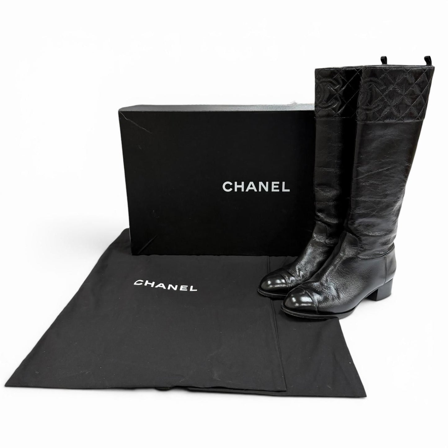 Chanel CC Logo Quilted Chanki Heels Leather Long Boots Black — view 2