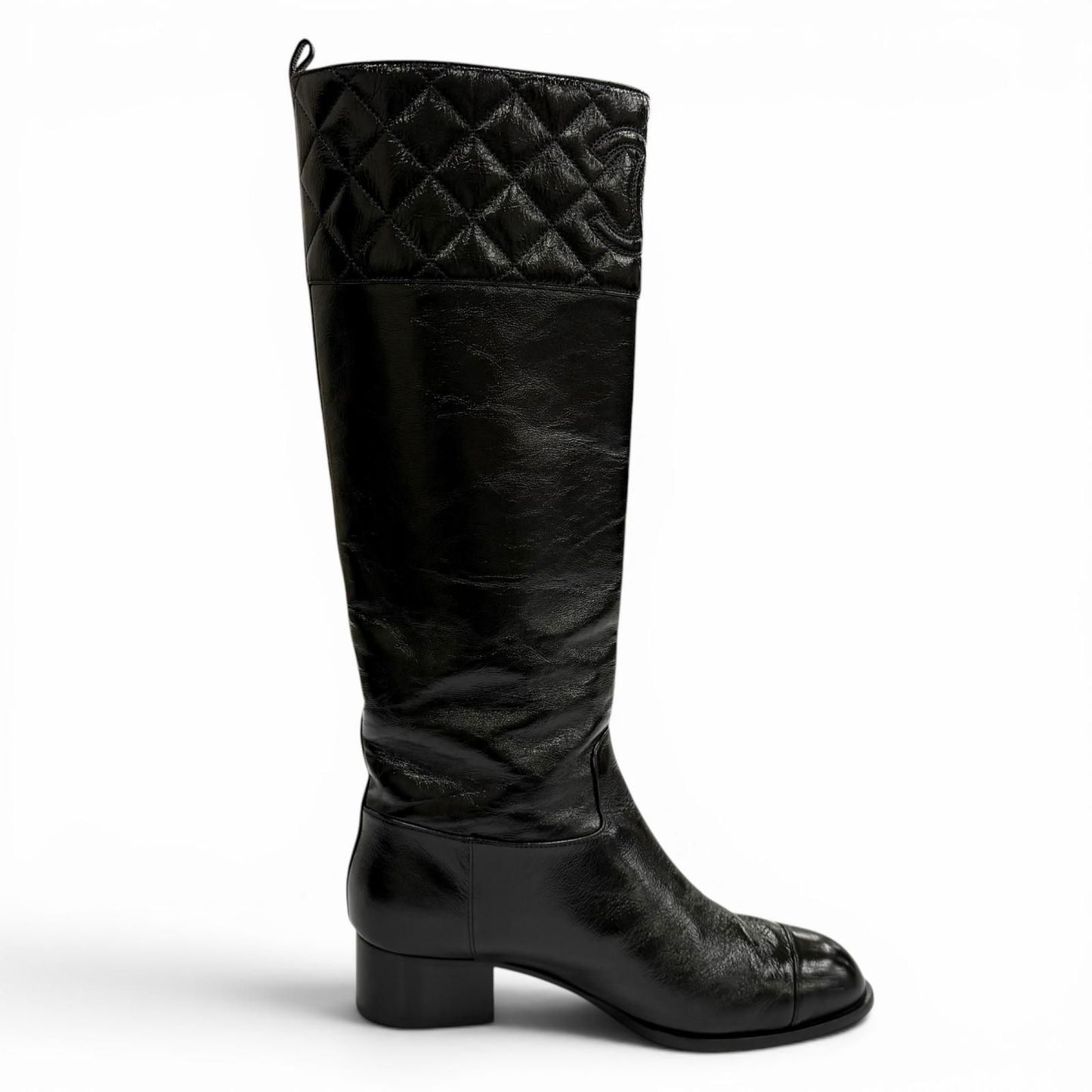 Chanel CC Logo Quilted Chanki Heels Leather Long Boots Black — view 6