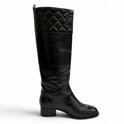 Chanel CC Logo Quilted Chanki Heels Leather Long Boots Black — view 6