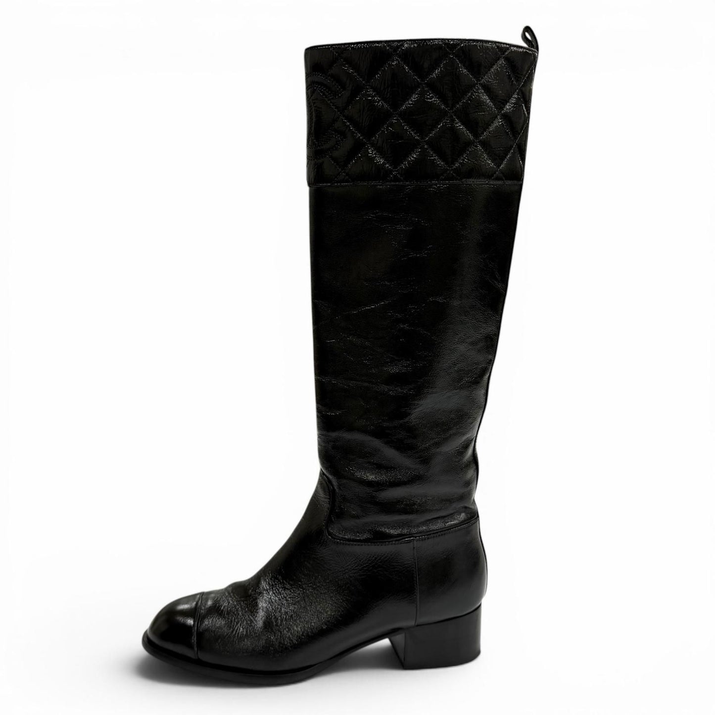 Chanel CC Logo Quilted Chanki Heels Leather Long Boots Black — view 5