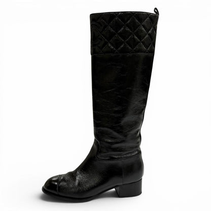 Chanel CC Logo Quilted Chanki Heels Leather Long Boots Black — view 5
