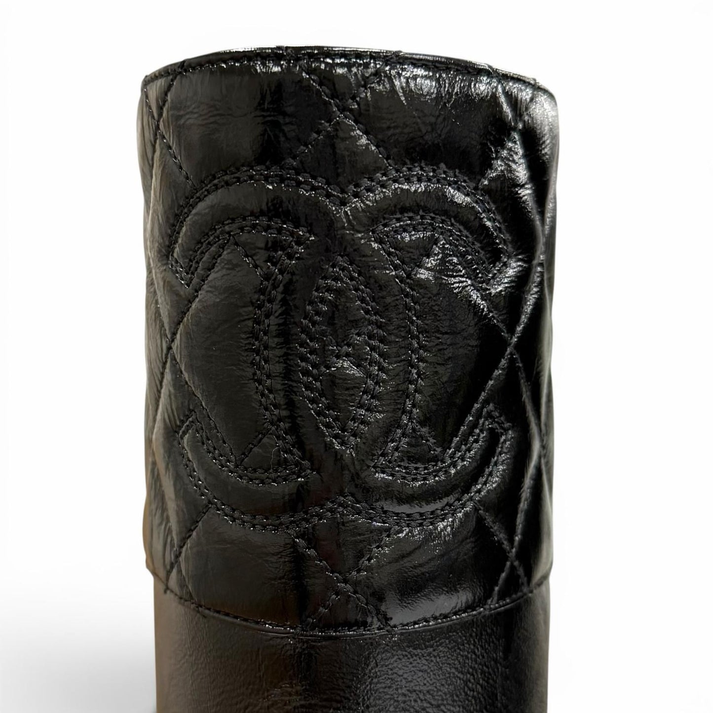 Chanel CC Logo Quilted Chanki Heels Leather Long Boots Black — view 9