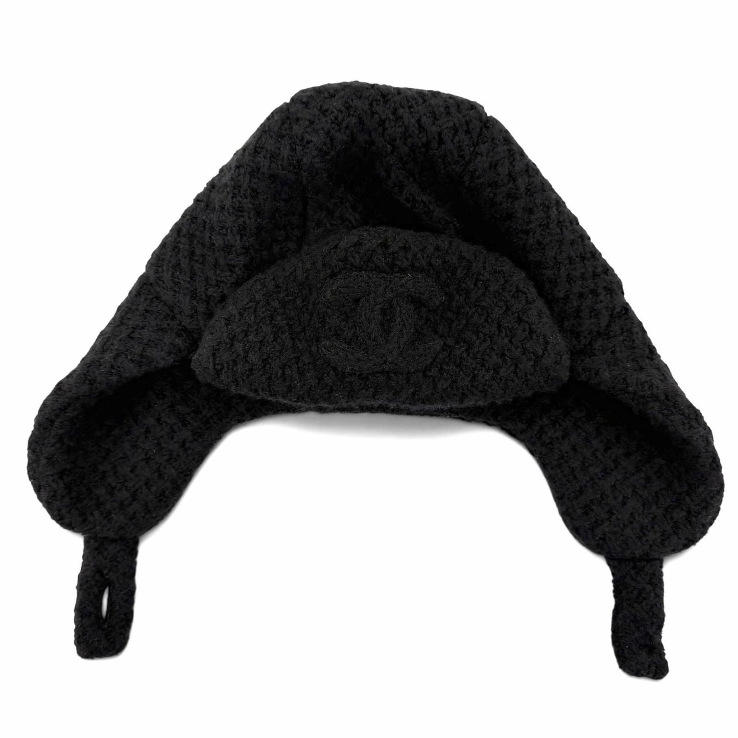 Chanel Cashmere Silk CC Logo Chapka Hat Trapper Hat Flight Hat Knit Cap Black
