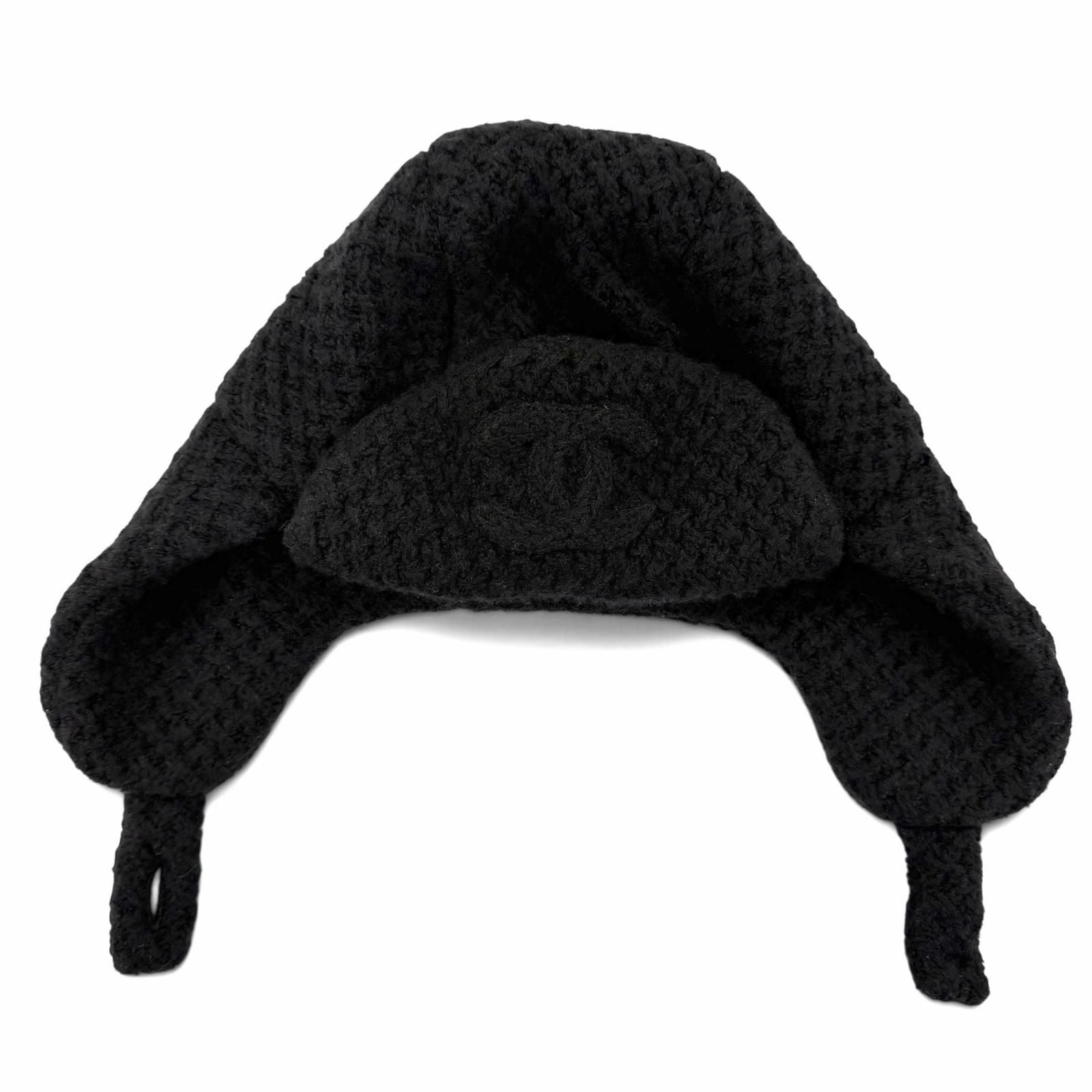 Chanel Cashmere Silk CC Logo Chapka Hat Trapper Hat Flight Hat Knit Cap Black