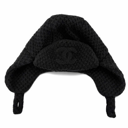 Chanel Cashmere Silk CC Logo Chapka Hat Trapper Hat Flight Hat Knit Cap Black