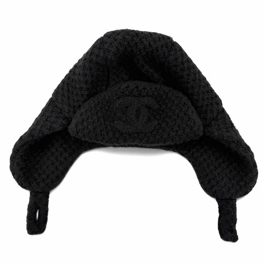 Chanel Cashmere Silk CC Logo Chapka Hat Trapper Hat Flight Hat Knit Cap Black