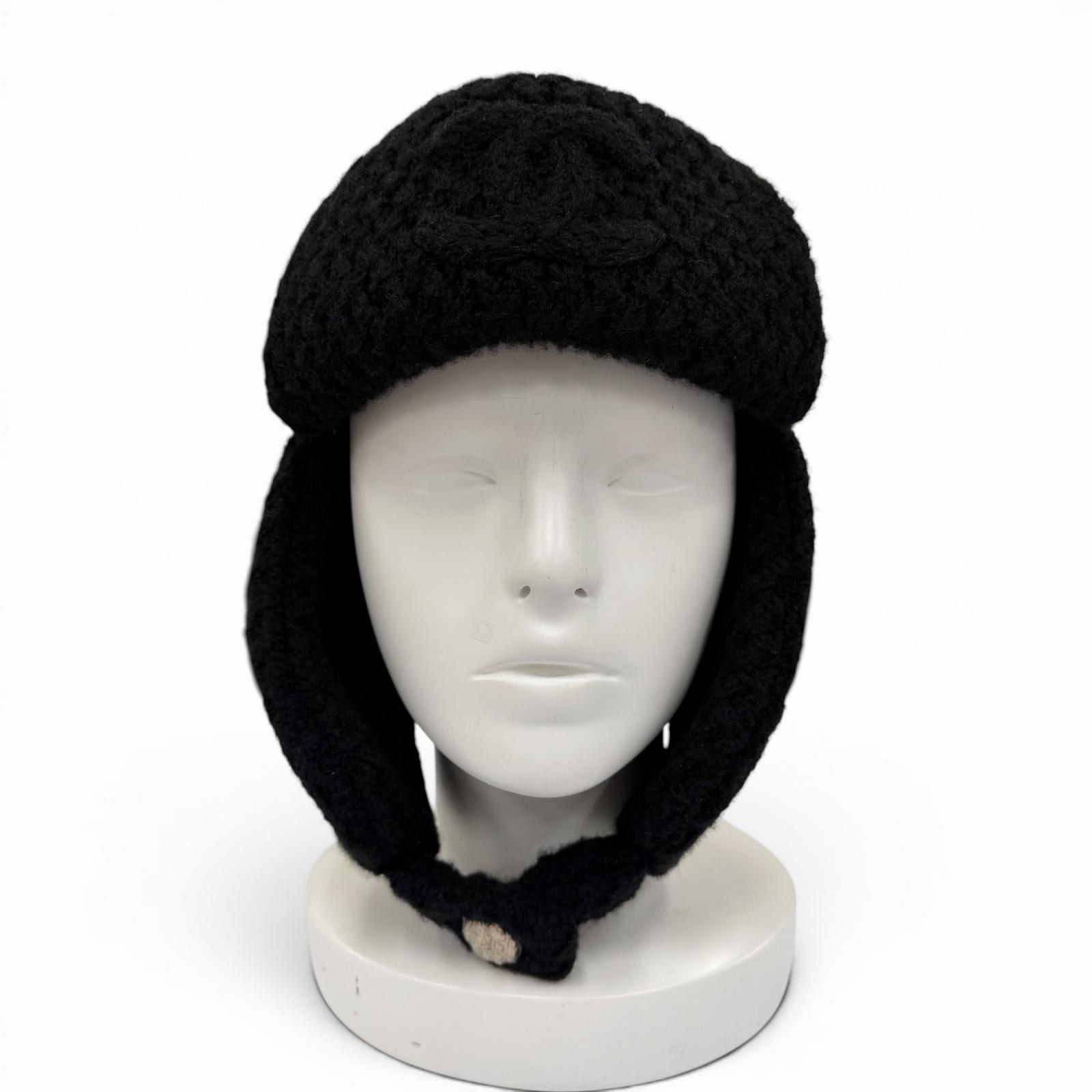 Chanel Cashmere Silk CC Logo Chapka Hat Trapper Hat Flight Hat Knit Cap Black — view 7