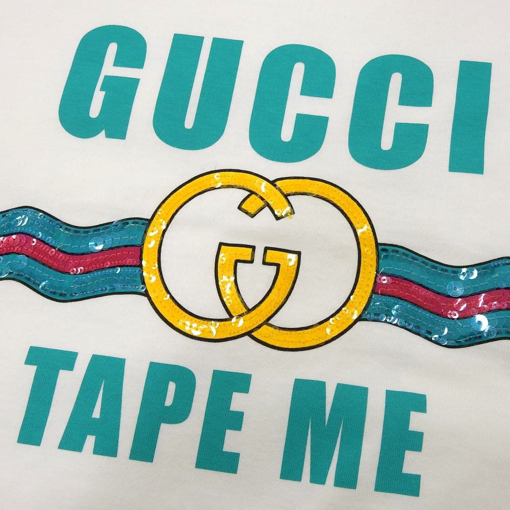 Gucci Cotton Tape ME Sequin Decoration Front Logo Short Sleeve Top White — view 6