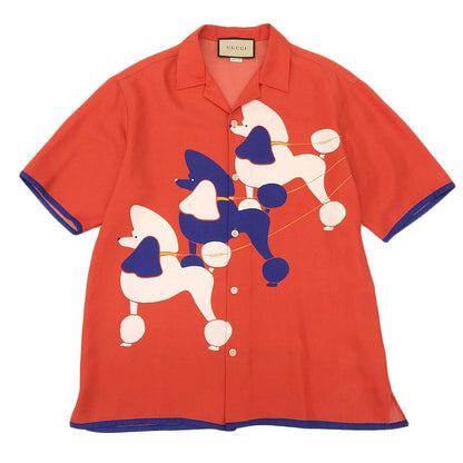 Gucci Silk Twill Dog Print Open Collar Shirt Top