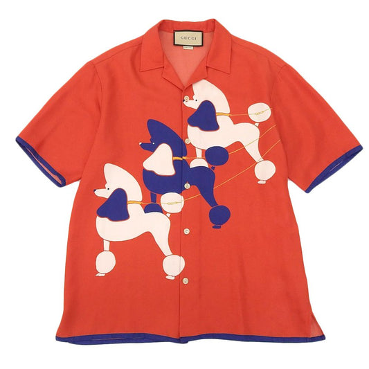 Gucci Silk Twill Dog Print Open Collar Shirt Top