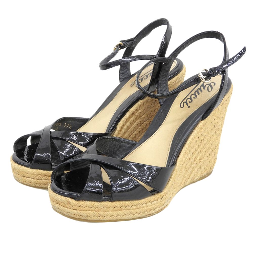 Gucci Micro Guccissima Patent Leather Wedge Sole Sandals Shoes Black 37.5