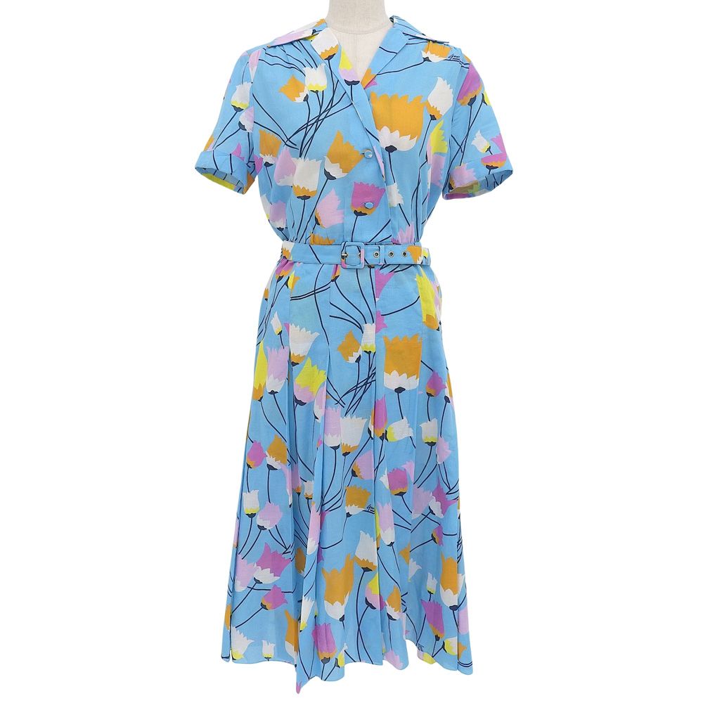 Gucci Cotton Linen Flower Print Short Sleeve Shirt Dress Light Blue 38