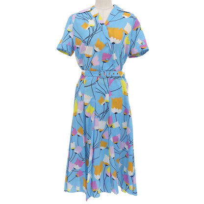 Gucci Cotton Linen Flower Print Short Sleeve Shirt Dress Light Blue 38