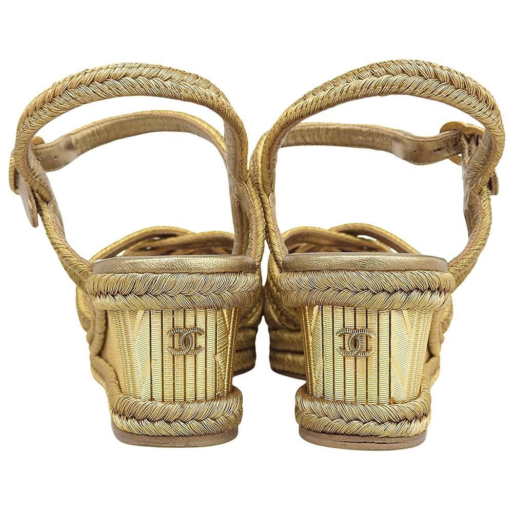 Chanel Metal CC Logo Braided Wedge Sole Sandals Espadrilles Gold 36c — view 3
