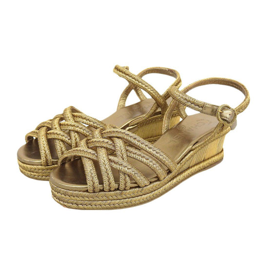 Chanel Metal CC Logo Braided Wedge Sole Sandals Espadrilles Gold 36c