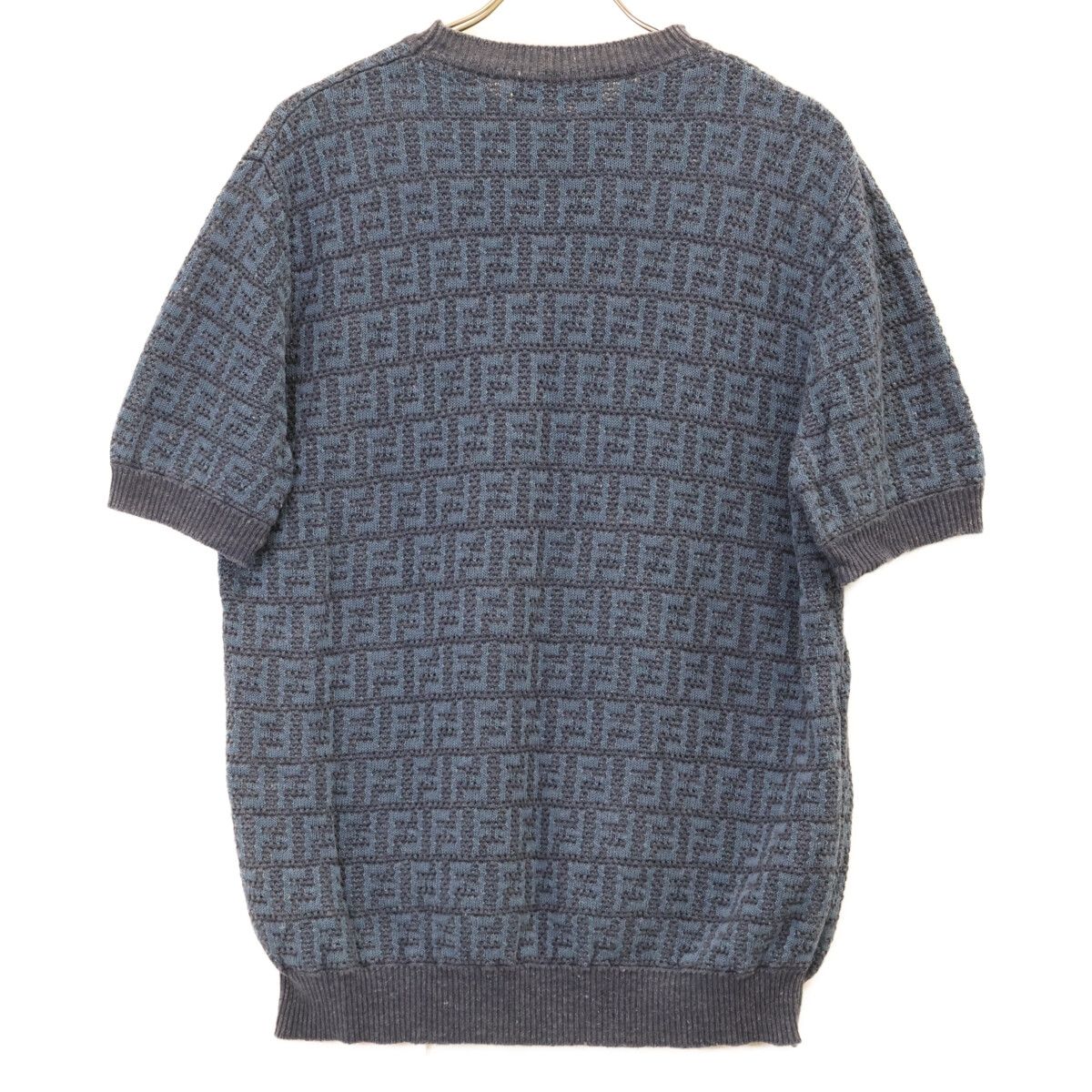 Fendi Blue Linen Cotton FF All Over Pattern Short Sleeve Knit Pullover 50 — view 2